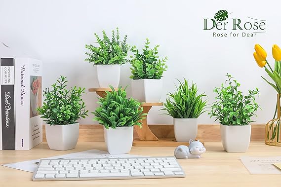 Deer Rose Mini Artificial Plants in Vases for Bedroom Living Room Decoration, 6pcs